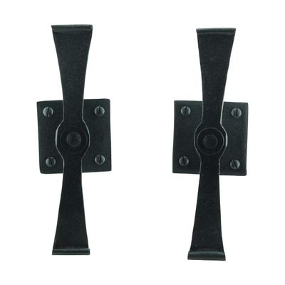 Renovators Supply Manufacturing Shutter Dogs Pair 5.75 in. Black Wrought Iron Propeller Design Shutter Dogs with Mounting Hardware