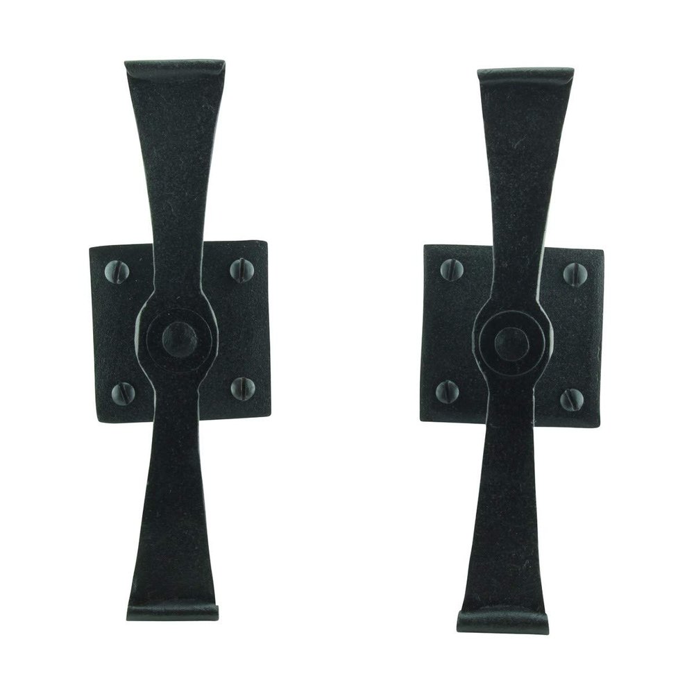 Renovators Supply Manufacturing Shutter Dogs Pair 5.75 in. Black Wrought Iron Propeller Design Shutter Dogs with Mounting Hardware