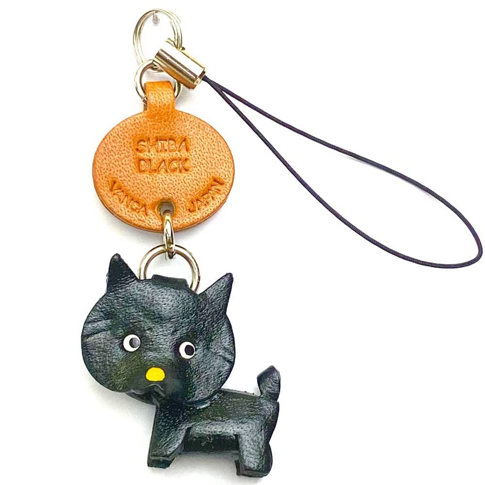 Shiba Dog Black Leather Dog mobile/Cellphone Charm VANCA CRAFT-Collectible Cute Mascot Made in Japan