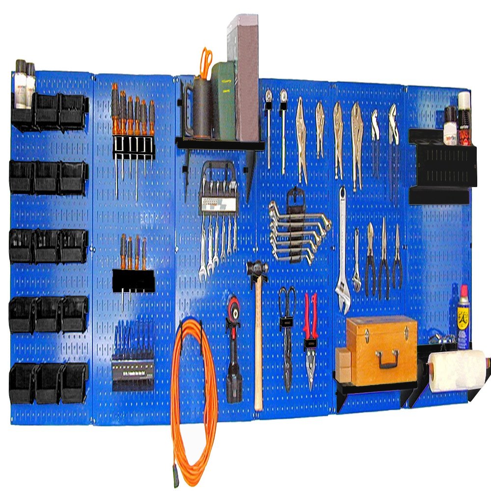 Wall Control Pegboard Organizer 8 ft Pegboard Master Workbench Kit with Blue Toolboard and Black Pegboard Hooks