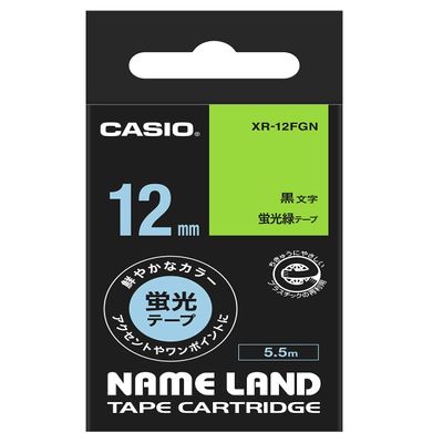 Casio XR-12FGN Label Writer Name Land Tape, 0.5 inches (12 mm), Fluorescent Green