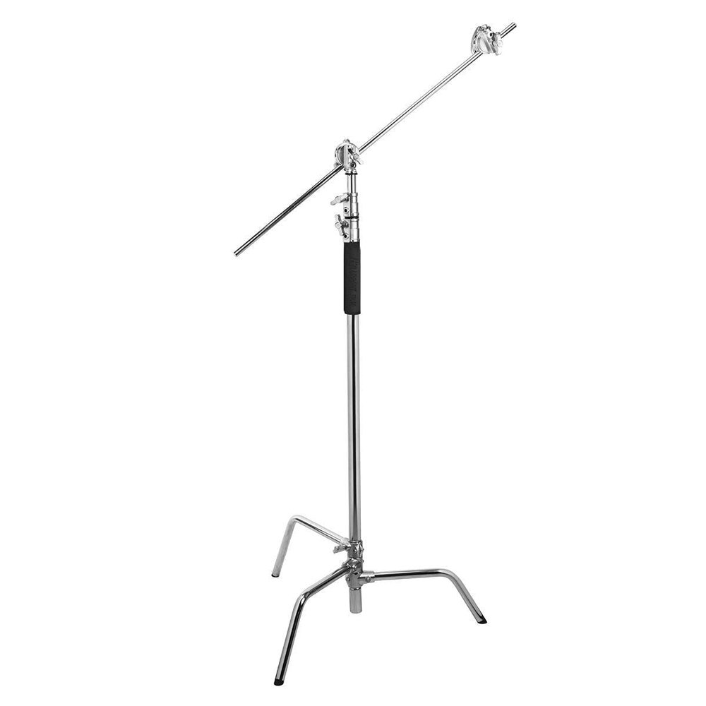 Flashpoint 10' C Light Stand on Turtle Base Kit with Two Tier Spring Loaded Riser Column, Two 3" GOBO Heads, Baby Pin and 40" Grip Arm, Chrome, a C Stand for Cinema and Still Studios