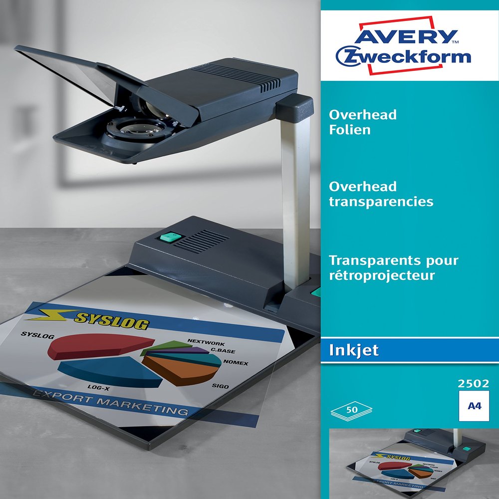Avery Zweckform 2502 Overhead Projector Transparencies DIN A4 with Special Coating/Batch Processable 0.11 m Thick 50 Sheets