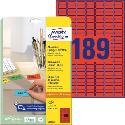 Avery Zweckform L6036-20 Coloured Mini Labels 25.4 x 10 mm for Colour Coding Pack of 20 Sheets