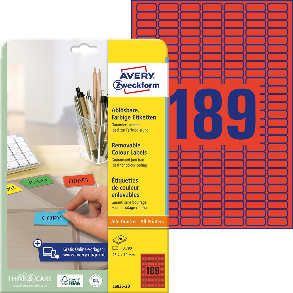 Avery Zweckform L6036-20 Coloured Mini Labels 25.4 x 10 mm for Colour Coding Pack of 20 Sheets