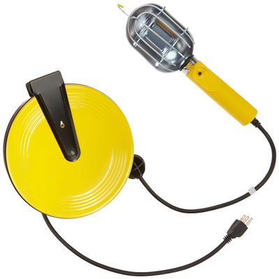 BAYCO SL-840 Metal Shield Incandescent Utility Light with Grounded Receptacle on 40-Foot Metal Reel, Yellow/Black