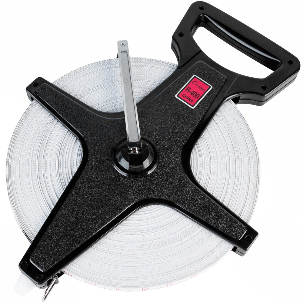 Champion Sports Open Reel Measuring Tapes  Durable Hand Crank with Metal Spike, Dual-Sided Feet & Meters, Perfect for Track & Field and Long Jump, 400 Feet/120 Meters
