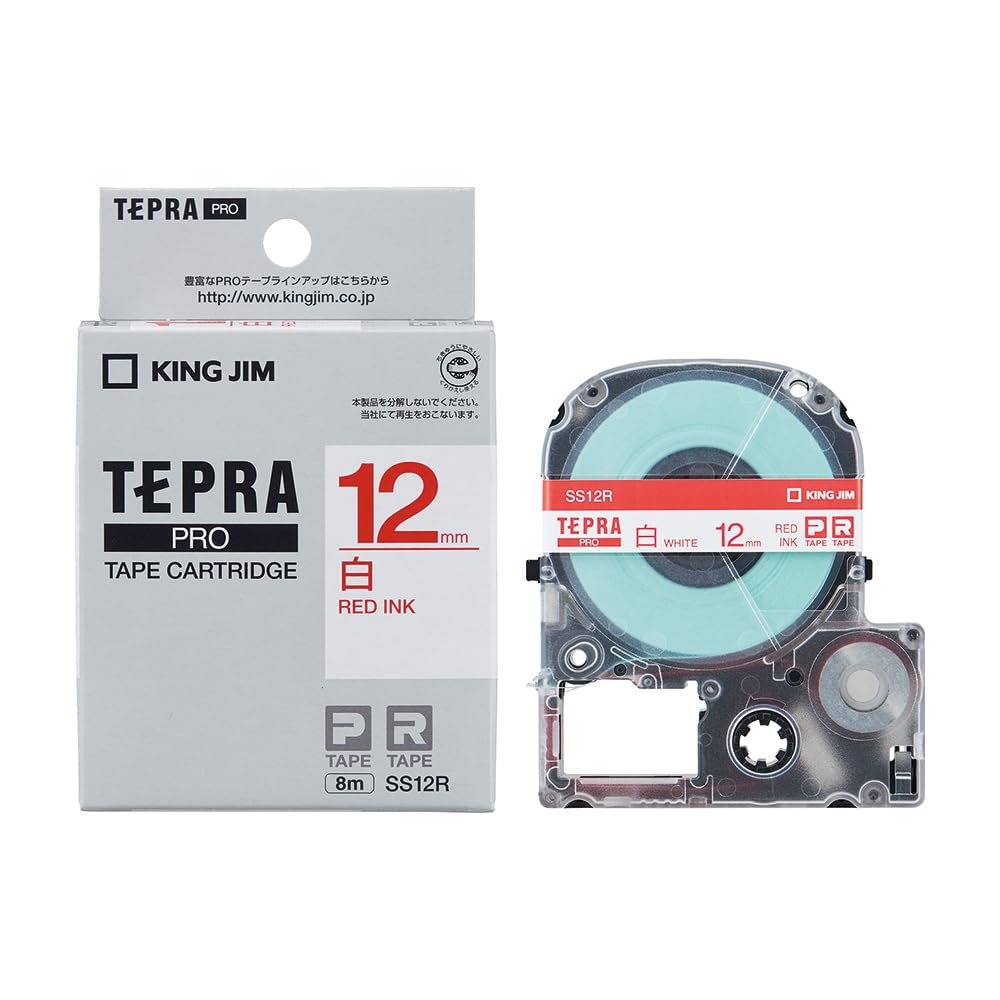 King Jim SS12R Tepra PRO Tape Cartridge, 0.5 inches (12 mm), White, Red Letter
