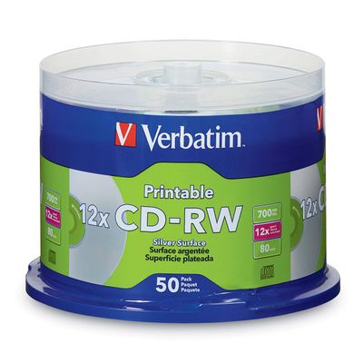 Verbatim CD-RW 700MB 2X-4X DataLifePlus Silver Inkjet Printable with Branded Hub - 50pk Spindle - 95159