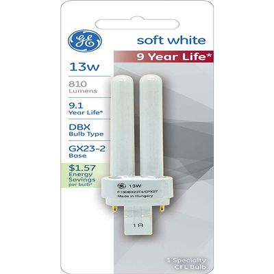 GE CFL Light Bulb, 13 Watt, DBX Bulb Type, GX23-2 Base, Soft White (1 Pack)