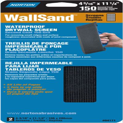 Norton 04171 Wallsand 150 Grit Die-Cut Drywall Screen Sanding Sheet, 4-3/16-Inch Wide x 11-Inch Long, 2-Pack