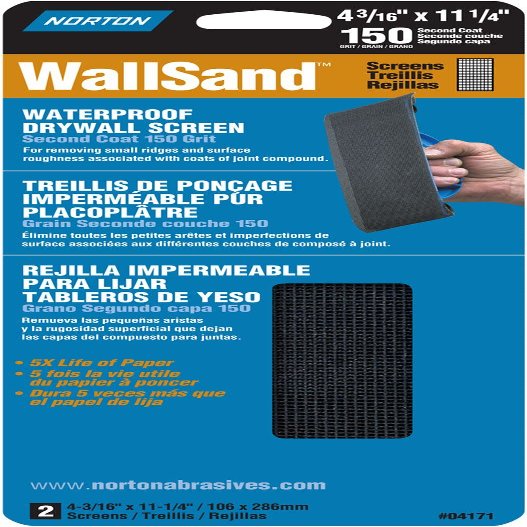 Norton 04171 Wallsand 150 Grit Die-Cut Drywall Screen Sanding Sheet, 4-3/16-Inch Wide x 11-Inch Long, 2-Pack