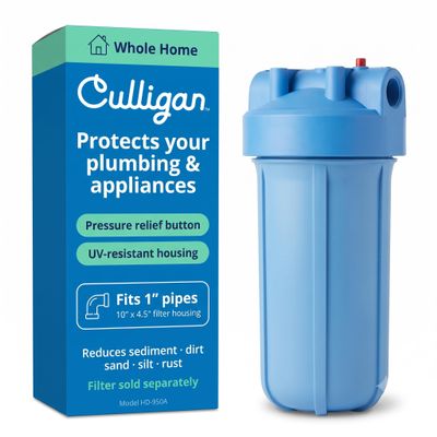 Culligan HD-950A Heavy-Duty Whole House Water Filter Housing 1" Inlet/Outlet, Premium Sediment Filtration System, UV-Resistant Opaque Design, Pressure Relief Valve, NSF Certified