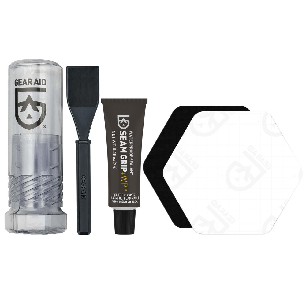 GEAR AID Seam Grip WP Repair Kit Waterproof 0.25 oz Adhesive with Two Tenacious Tape Hex Patches (2.5" x 2.8", Black and Clear) for Fixing Holes, Tears, and Seams on Tents, Jackets, and Outdoor Gear