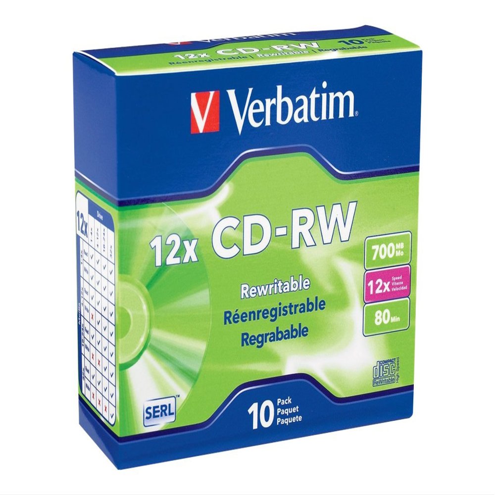 Verbatim CD-RW 700MB 4X-12X Rewritable Blank Media - 10 Discs in Slim Jewel Cases