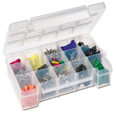 Akro-Mils 05805 Plastic Portable Parts Storage Case for Hardware and Crafts with Hinged Lid and 4 Adjustable Dividers, (11-Inch x 7-Inch x 2-3/8-Inch), Medium, Clear