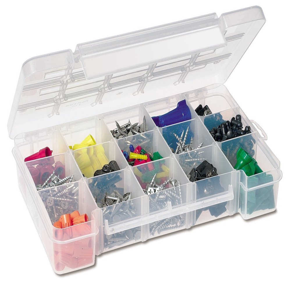 Akro-Mils 05805 Plastic Portable Parts Storage Case for Hardware and Crafts with Hinged Lid and 4 Adjustable Dividers, (11-Inch x 7-Inch x 2-3/8-Inch), Medium, Clear