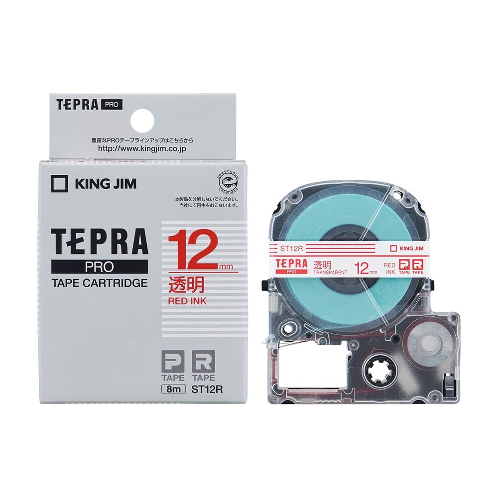 Kingjim ST12R Tepra PRO Tape Cartridge, 0.5 inches (12 mm), Transparent Label/Red Letter, Length 22.8 ft (8 m)