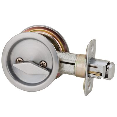 Kwikset 335 26D RND PCKT DR LCK Round Bed/Bath Pocket Door Lock in Satin Chrome, locking lever design might differ