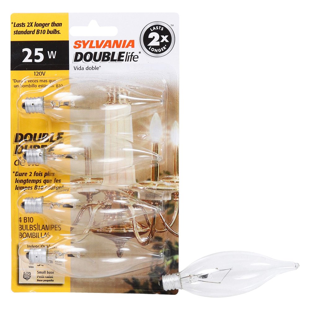 LEDVANCE Sylvania Double Life Incandescent Light Bulb, B10, 25W, 150 Lumens, 2850K, Candelabra Base, Clear, Soft White - 4 Pack (13306)