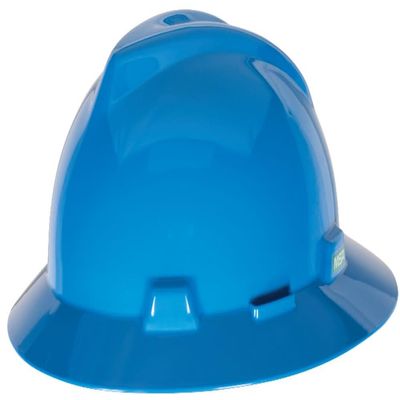 MSA 454732 V-Gard Full-Brim Hard Hat With Staz-on Pinlock Suspension | Polyethylene Shell, Superior Impact Protection, Self Adjusting Crown Straps - Standard Size in Blue