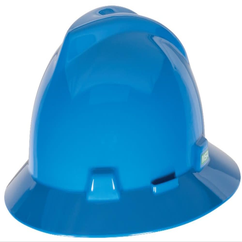 MSA 454732 V-Gard Full-Brim Hard Hat With Staz-on Pinlock Suspension | Polyethylene Shell, Superior Impact Protection, Self Adjusting Crown Straps - Standard Size in Blue