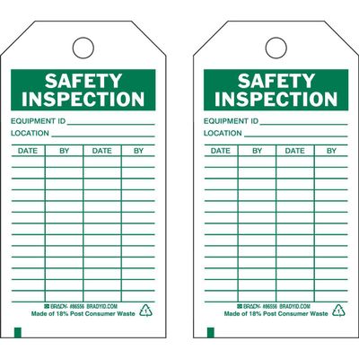 Brady Inspection & Material Control Tags, Safety Inspection, 5.75" H x 3" W, Green on White
