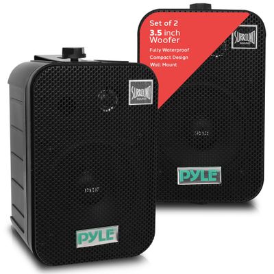 Pyle - Outdoor Speaker System Wired (Pair), Marine Grade 2 Way 300W Peak Power, 3.5" Woofer and 1" Tweeter, Universal Mount For Wall or Ceiling, Use in Pool, Patio, Boat, Deck or Home Theater (Black)