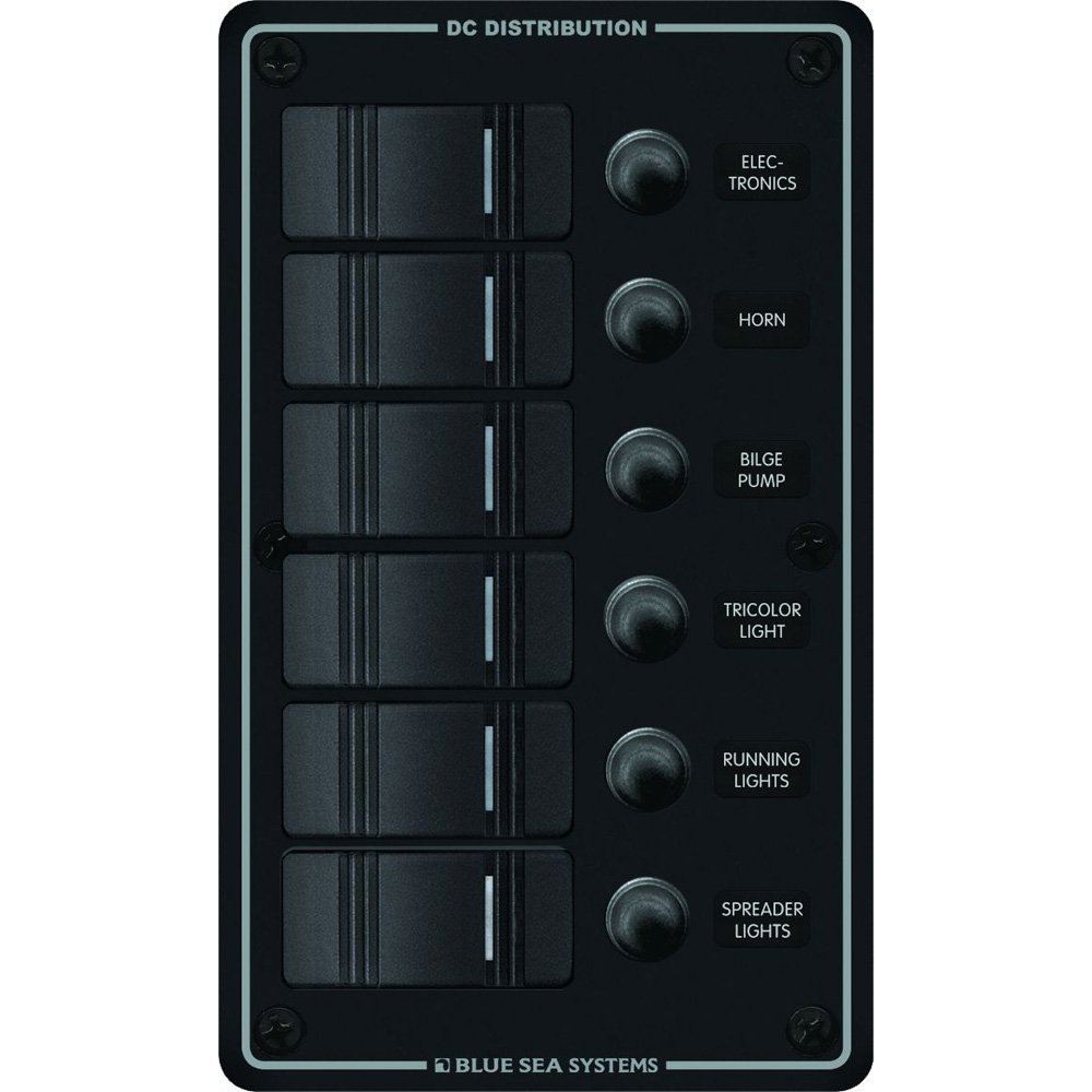 Blue Sea Systems 8373 Water Resistant Circuit Breaker Panel, 6 Position, Black