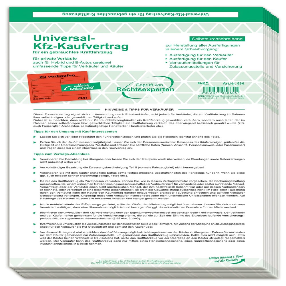 RnK 586/10 Used Car Purchase Agreement Form (German) Din A4 Pack Of 10