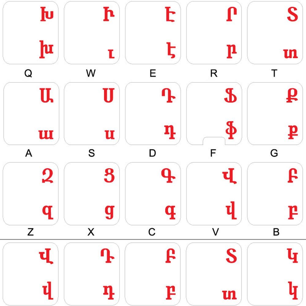 ARMENIAN KEYBOARD STICKERS with RED LETTERING ON TRANSPARENT BACKGROUND