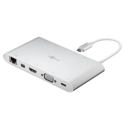 goobay 62113 USB-C Multiport Adapter All in 1 Aluminium, Silver, Extends a USB-C Device by One Ethernet, One HDMI, One VGA, One Mini DisplayPort, 3 USB-A 3.0 Ports