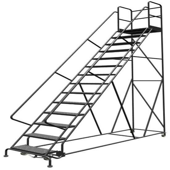 Tri-Arc KDSR114246-D2 14-Step 20" Deep Top Steel Rolling Industrial & Warehouse Ladder with Handrails, 24" Wide Perforated Tread