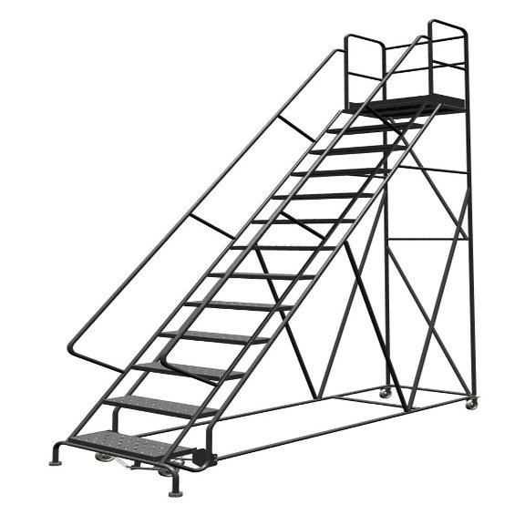 Tri-Arc KDSR113246-D2 13-Step 20" Deep Top Steel Rolling Industrial & Warehouse Ladder with Handrails, 24" Wide Perforated Tread