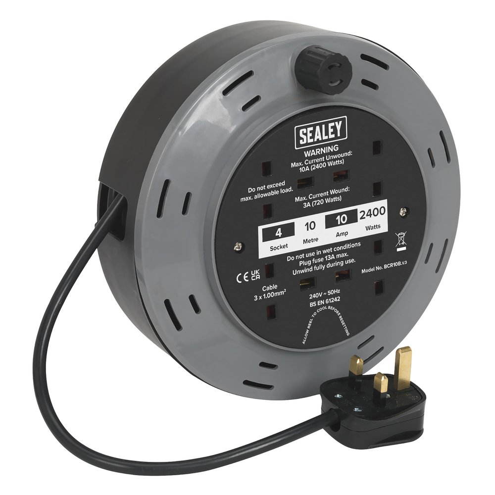 Sealey BCR10B Cassette Type Cable Reel 10mtr 4 x 230V 1.00mm Thermal Trip