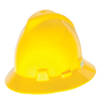 MSA 454730 V-Gard Full-Brim Hard Hat With Staz-on Pinlock Suspension | Polyethylene Shell, Superior Impact Protection, Self Adjusting Crown Straps - Standard Size in Yellow