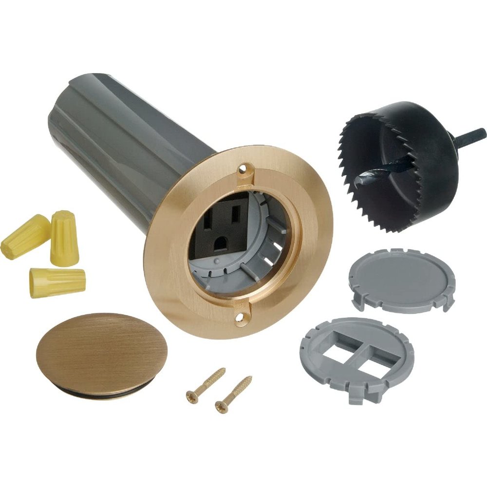 Steel City E971FBDI-2 One-Gang Drop in Floor Box with Hole Saw, 11.8 Cubic Inches, Non-Metallic with Brass Cover, Pre-Wired Single Receptacle