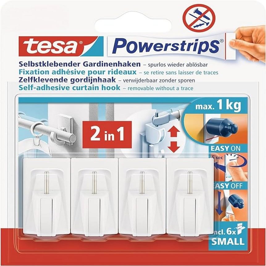 tesa Powerstrips Curtain Hooks - Self-Adhesive Curtain Hooks - Removable and Reusable - Up to 1 kg Load - 1 x 4 Pieces - White