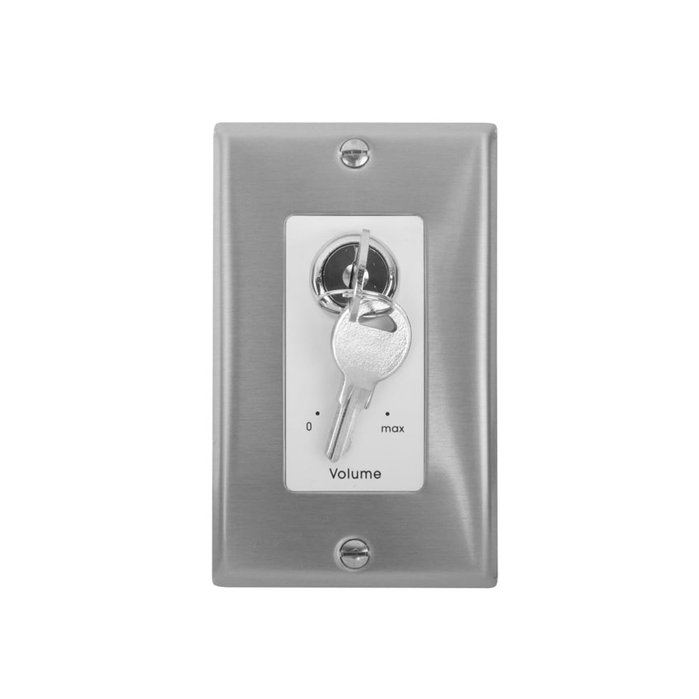 Lowell KL100-PA-DSW 100W Mono Volume Control with 24VDC at 5mA Relay for Emergency and Paging Bypass, Key Switch, 1-Gang Decorator Wall Plate, Stainless Steel with White Sub-Plate Finish