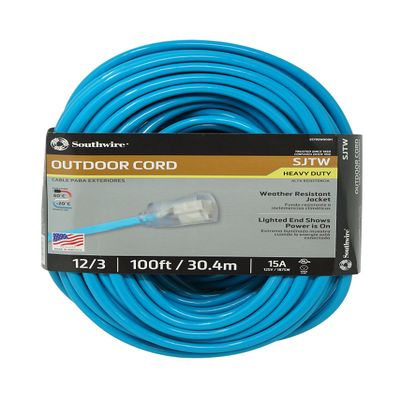 Southwire 02579-0H 100-Foot 12/3 Neon Outdoor Extension Cord, Bright Blue