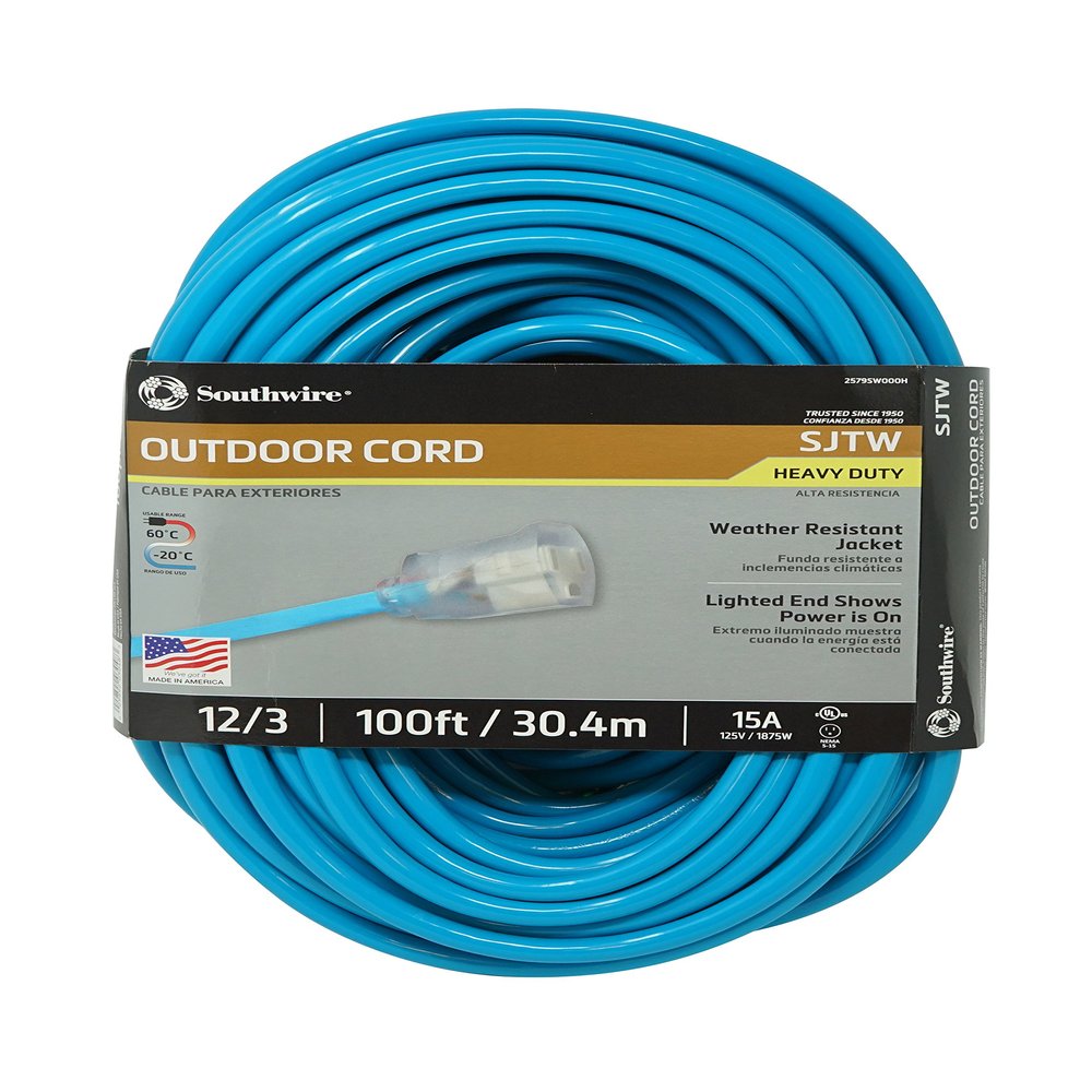 Southwire 02579-0H 100-Foot 12/3 Neon Outdoor Extension Cord, Bright Blue
