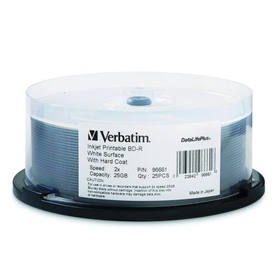 Verbatim 96661 DataLifePlus 25 GB 2X Blu-ray Single-Layer Recordable White Inkjet Printable Disc BD-R, 25-Disc Spindle