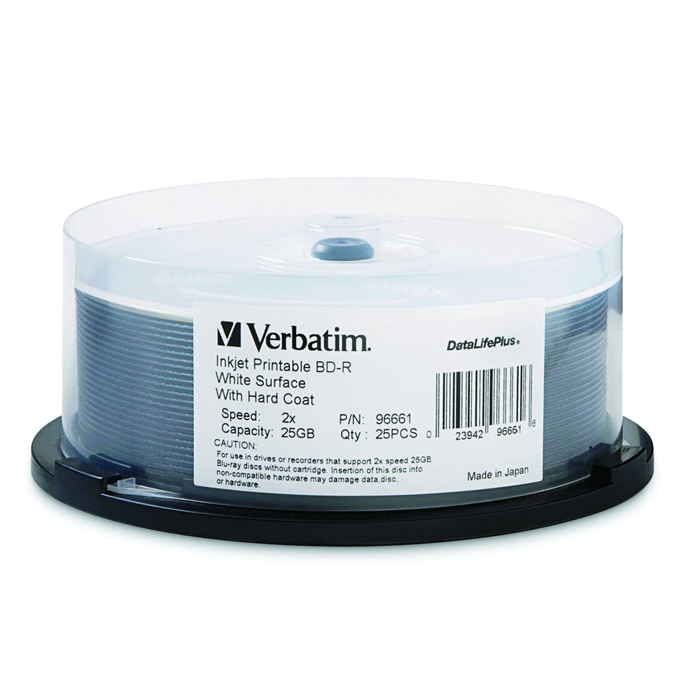 Verbatim 96661 DataLifePlus 25 GB 2X Blu-ray Single-Layer Recordable White Inkjet Printable Disc BD-R, 25-Disc Spindle
