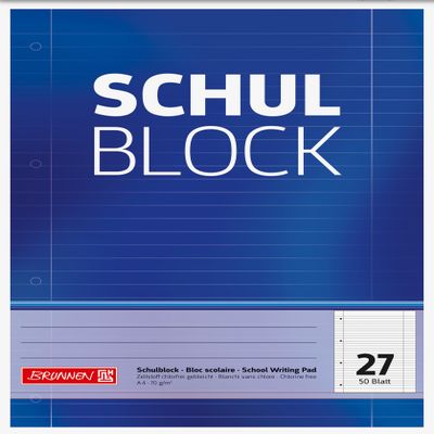 Brunnen 1052527 School Block/Notepad (A4, 50 Sheets, Lined, with margins, 27 Lines, Perforated, top glued, 70g/m)