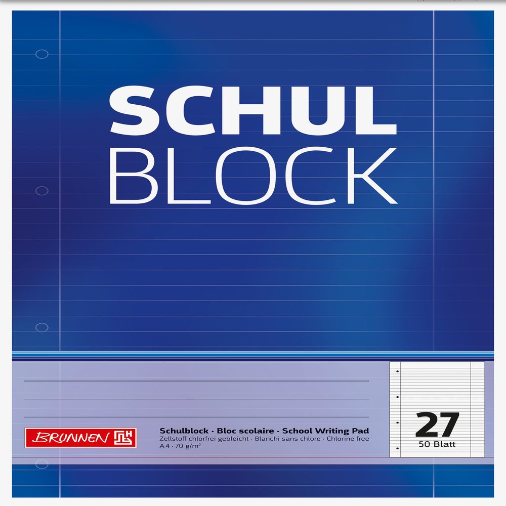 Brunnen 1052527 School Block/Notepad (A4, 50 Sheets, Lined, with margins, 27 Lines, Perforated, top glued, 70g/m)
