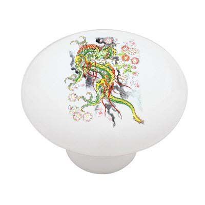 Gotham Decor Oriental Dragon and Lotus Flowers Ceramic Drawer Knob