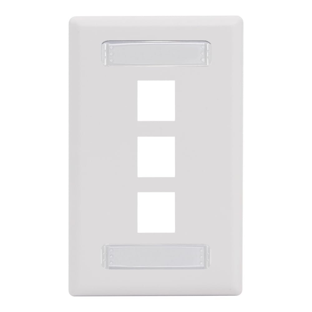 ICC Station ID Wall Plate with 3 Ports, Single Gang, UL Listed, ABS Plastic, Keystone Jack Compatible, Label Window with Clear Cover, White