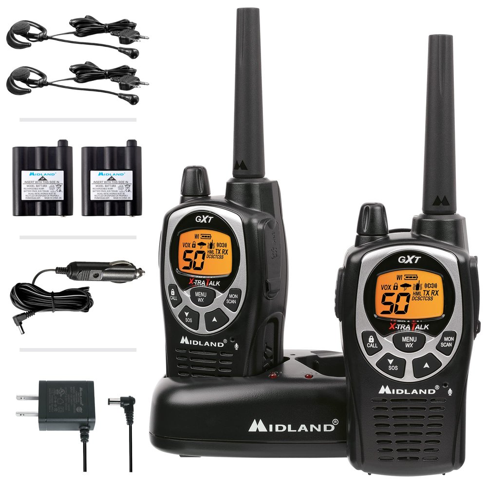 Midland GXT1000VP4 GMRS Two-Way Radio (50-Channel, Long Range, 142 Privacy Codes, SOS, NOAA, Rechargeable Nickle Battery, Black/Silver, 2-Pack)