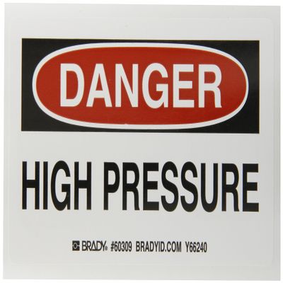 Brady 60309, Gas Cylinder Labels , 3" Height x 5" Width, Black/Red on White, Legend "Danger - High Pressure" (10 per Package)