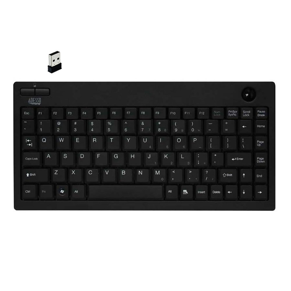 ADESSO WKB-3100UB Wireless Mini Trackball Keyboard - Compact 87-Key Layout, Built-in 800 DPI Optical Trackball, 24GHz RF Wireless Technology, USB Interface, 30-Foot Range